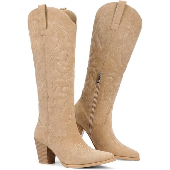 Women Khaki Suede Western Knee High Side Zipper Pointed Toe Block Heel Boot - Picture 5 of 6